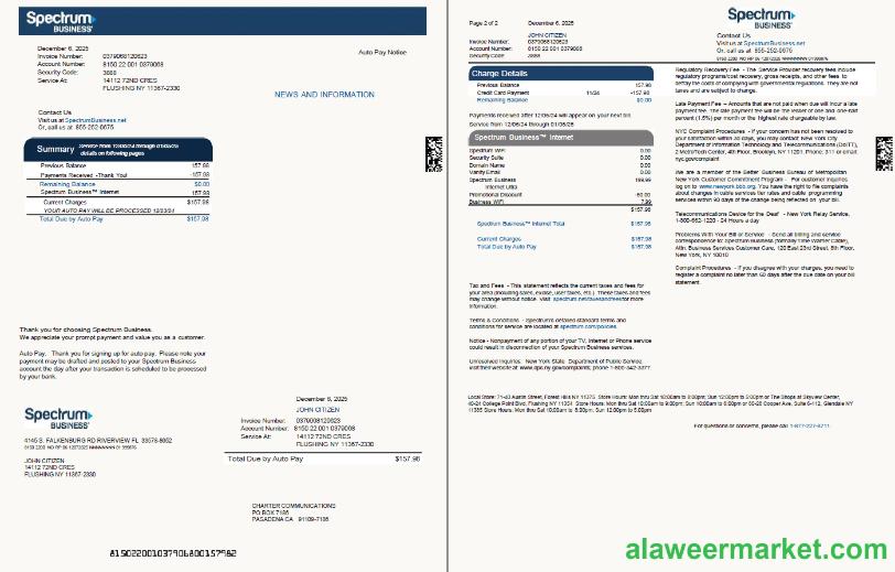 USA Spectrum Business utility bill template in Word and PDF formats, 2 pages, version 2